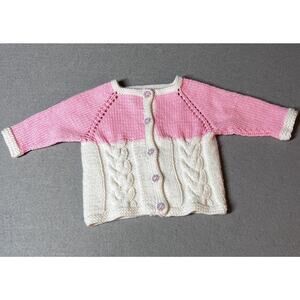 Hand Knit Baby Girl Sweater Cardigan 6-12 months (22"‎ Chest) Pink White Button